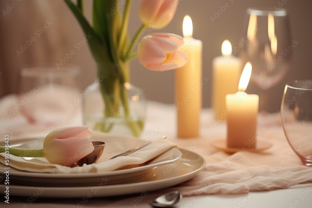  a table with a white plate and a vase with pink tulips in it and a candle on the side of the plate 