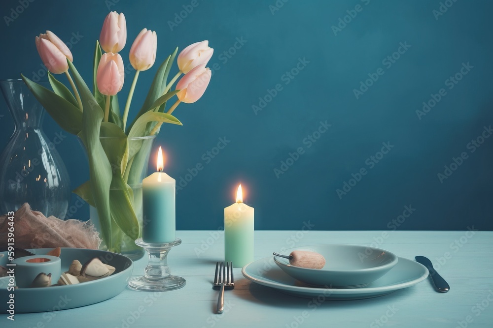  a table topped with a plate of food and a vase filled with tulips next to a candle and a plate of f