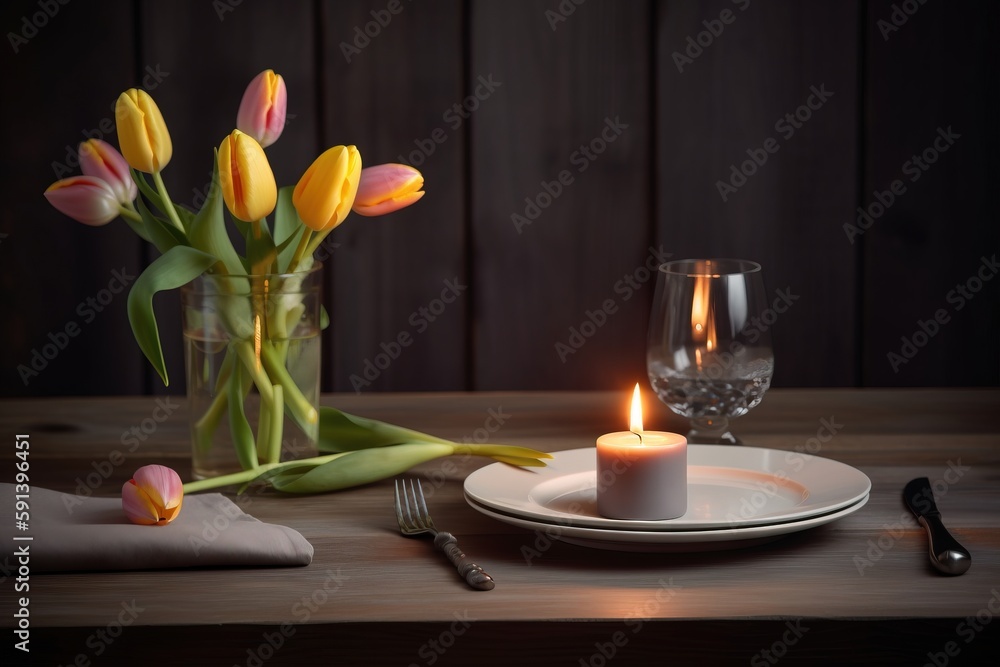  a table with a plate and a vase with flowers and a lit candle on top of the plate and a glass of wa