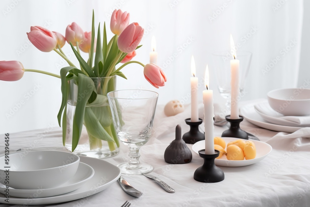  a table with a vase of tulips and a plate of oranges and a glass of water and a plate of oranges.  