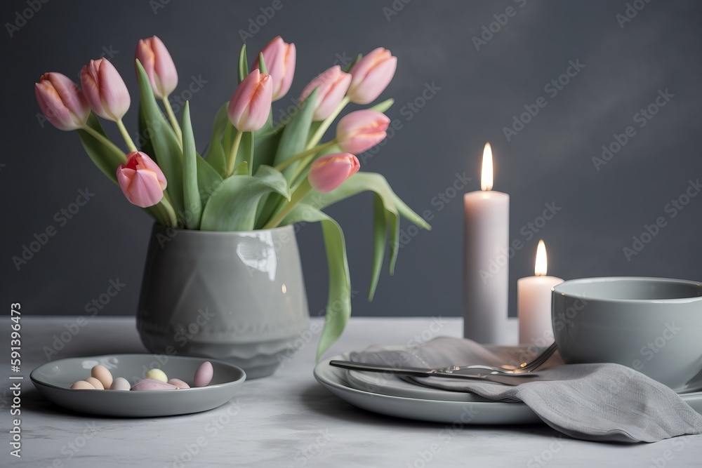 a table topped with a vase filled with pink flowers next to a plate and a cup filled with eggs next
