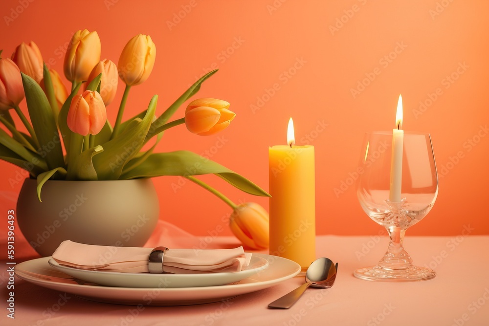  a table with a plate and a vase of flowers and a glass of wine and a candle on the side of the tabl