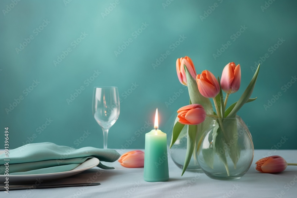  a table with a vase of tulips and a lit candle on top of a table cloth with a napkin and a glass of