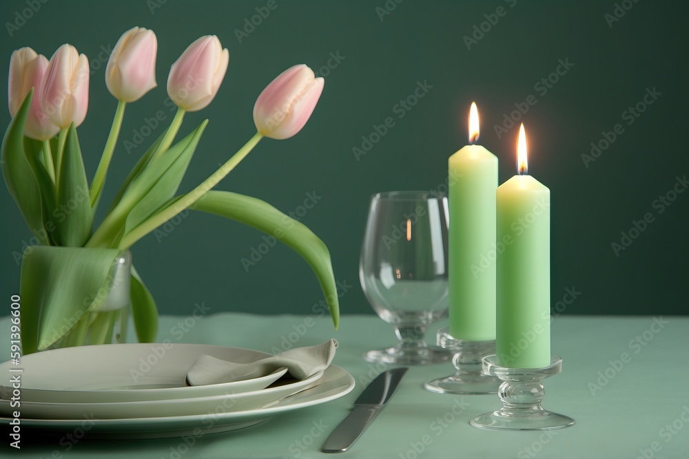  a couple of candles sitting on top of a table next to a plate and a vase with flowers in it and a g