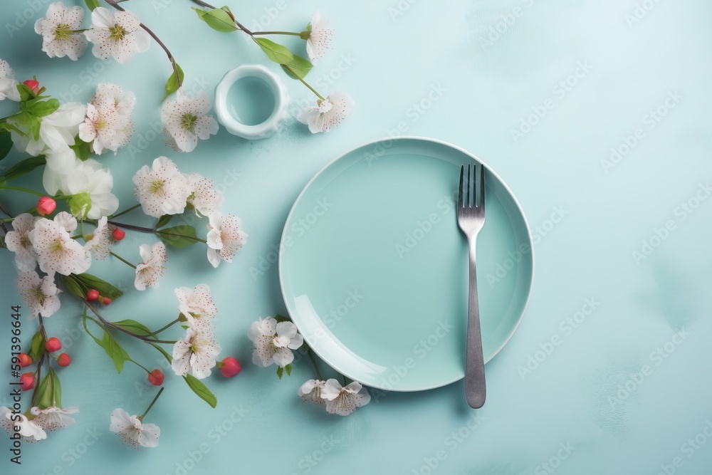  a plate with a fork and a cup on a blue surface next to a branch of cherry blossoms and a vase with