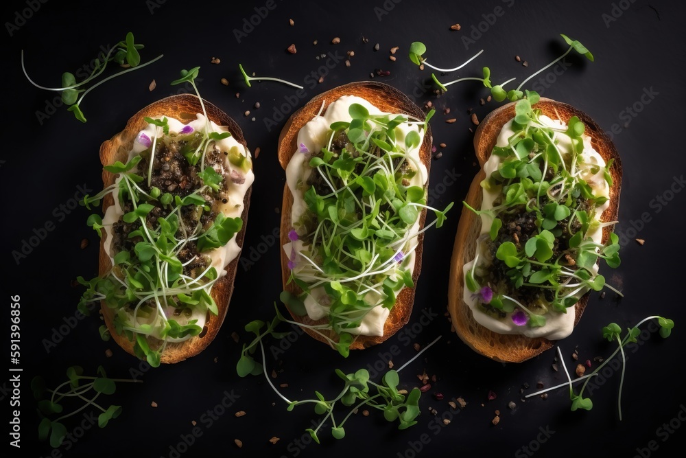  three pieces of bread with various toppings on a black surface with sprouts and sprouts on top of t