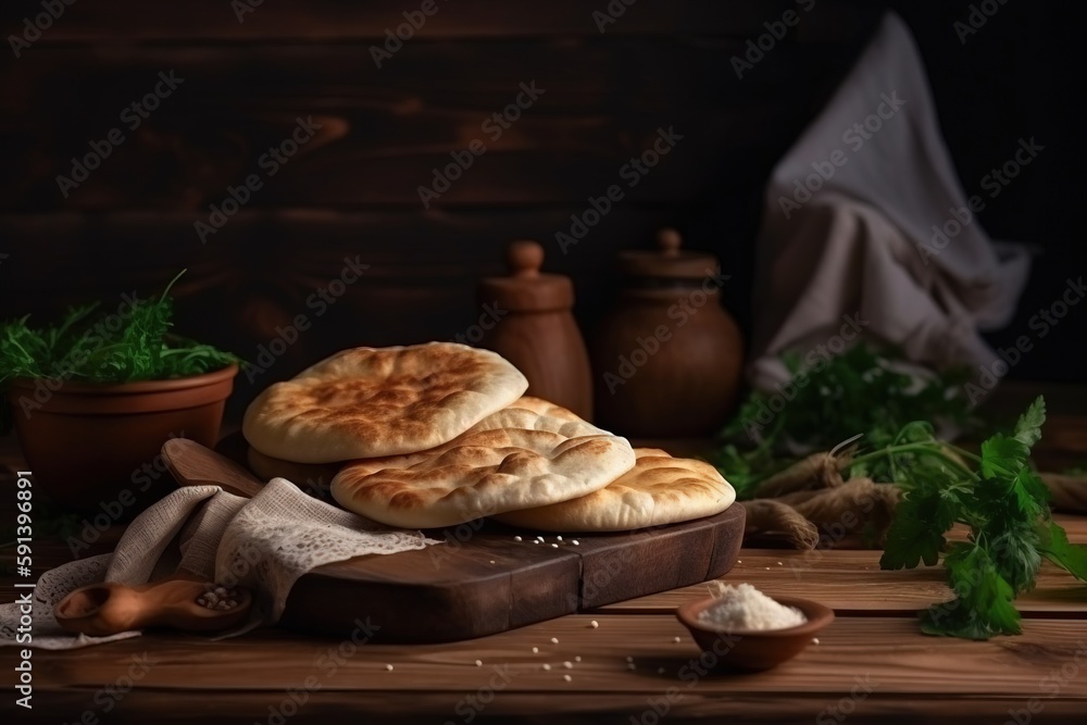  a table topped with bread next to a potted plant and a wooden cutting board with a cloth on top of 