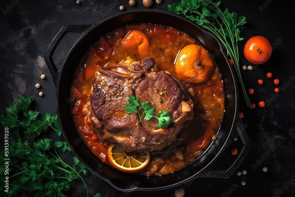  a pot of stew with meat and vegetables on a black surface with a garnish of oranges and parsley on 