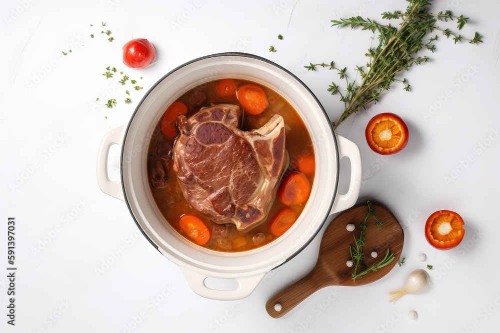  a pot of stew with meat and carrots and a wooden spoon on a white surface with a sprig of parsley a