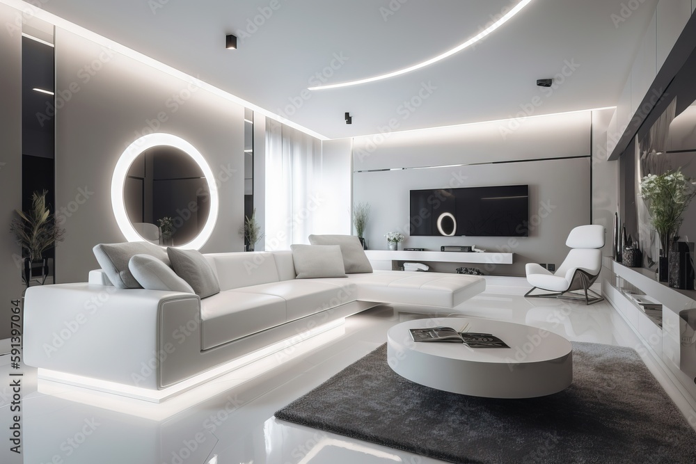  a modern living room with white furniture and a circular mirror on the wall above the couch and a l