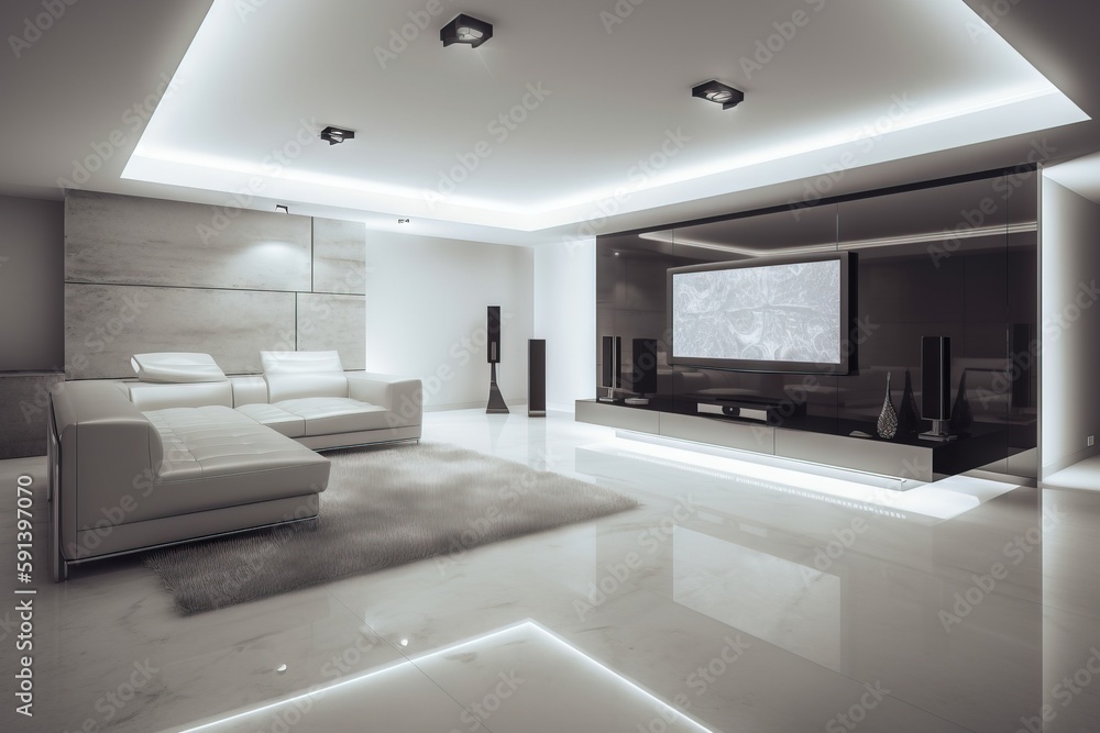  a modern living room with a large flat screen tv on the wall and a white couch in front of the tv o