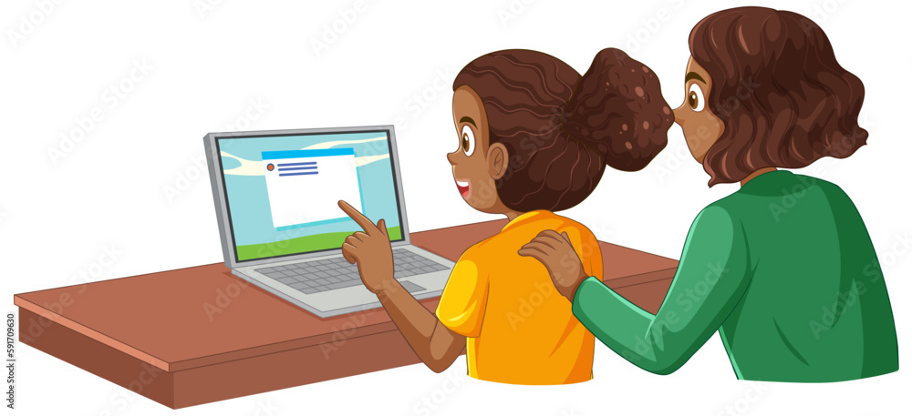 Mother and daughter using laptop vector