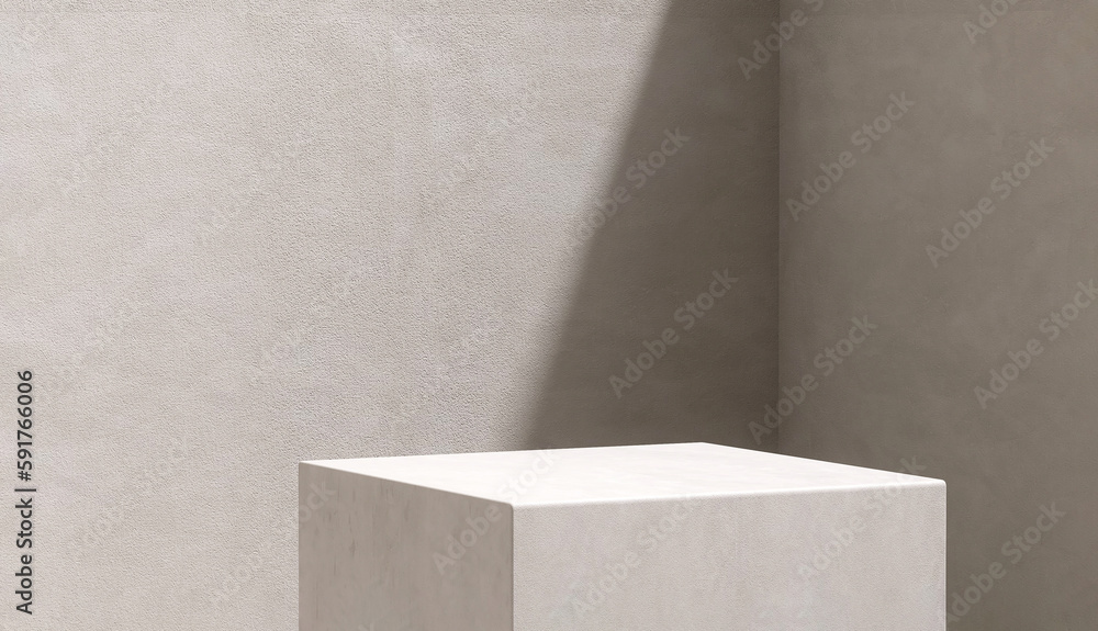Minimal white square concrete podium in sunlight, shadow on gray cement texture corner wall loft sty