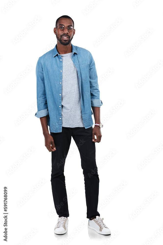 Young black man, full body portrait and standing ready on an isolated and transparent png background