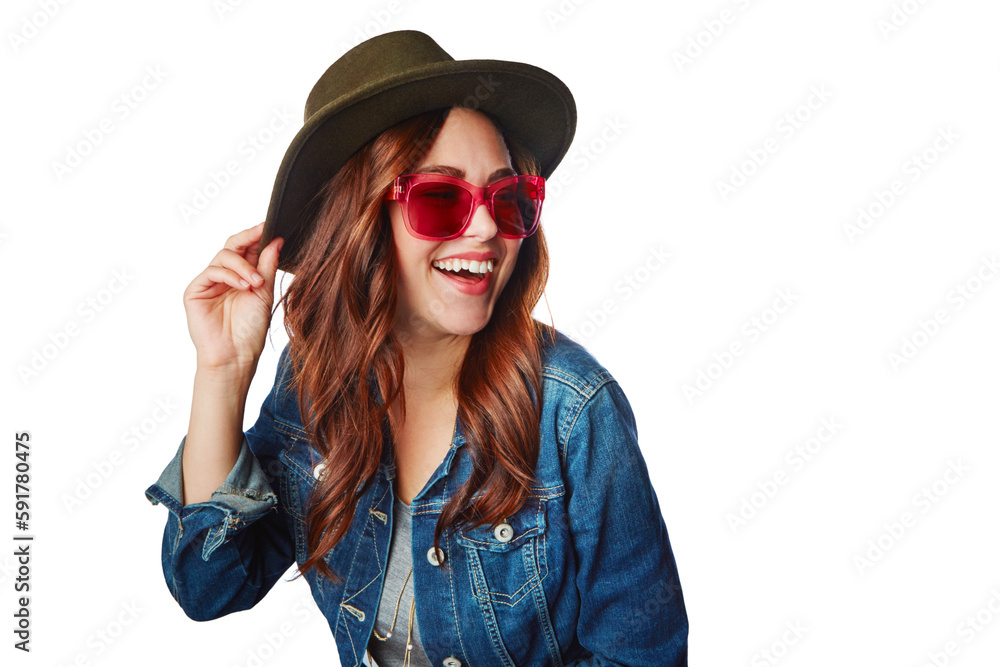 Woman, smile and hat with glasses in fashion with style for summer on an isolated and transparent pn