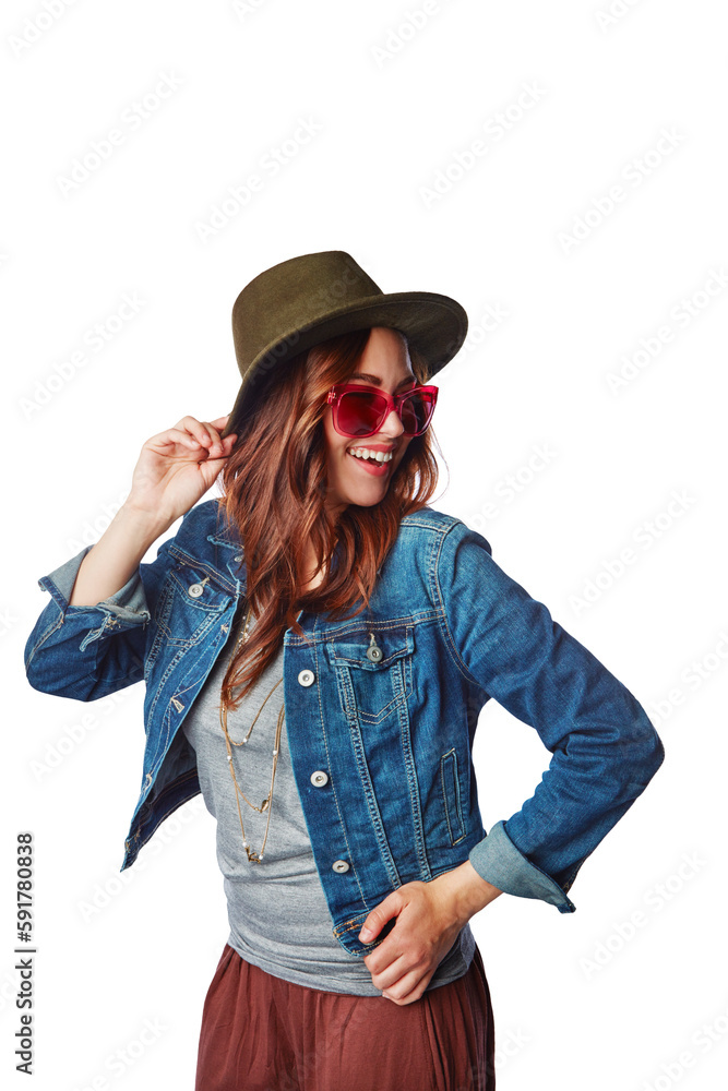 Fashion, style and woman with a casual, stylish and funky outfit with accessories on an isolated, tr