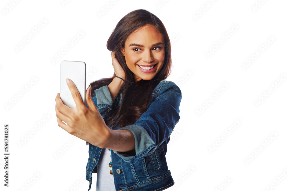 Model, fashion and selfie on an isolated and transparent png background for social media, profile pi