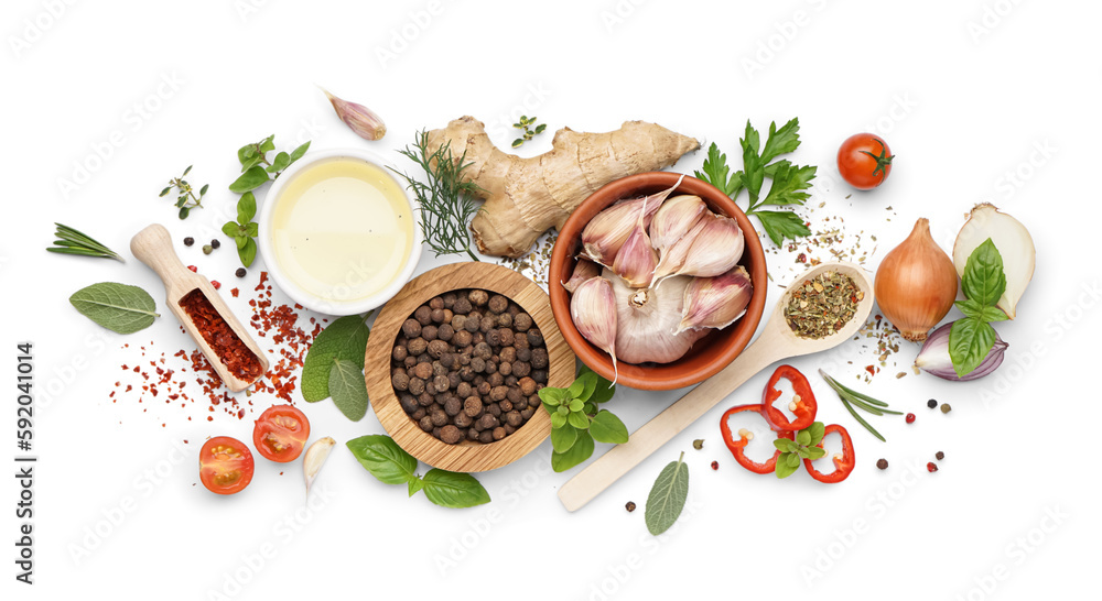 Composition with fresh spices, herbs, vegetables and oil on white background