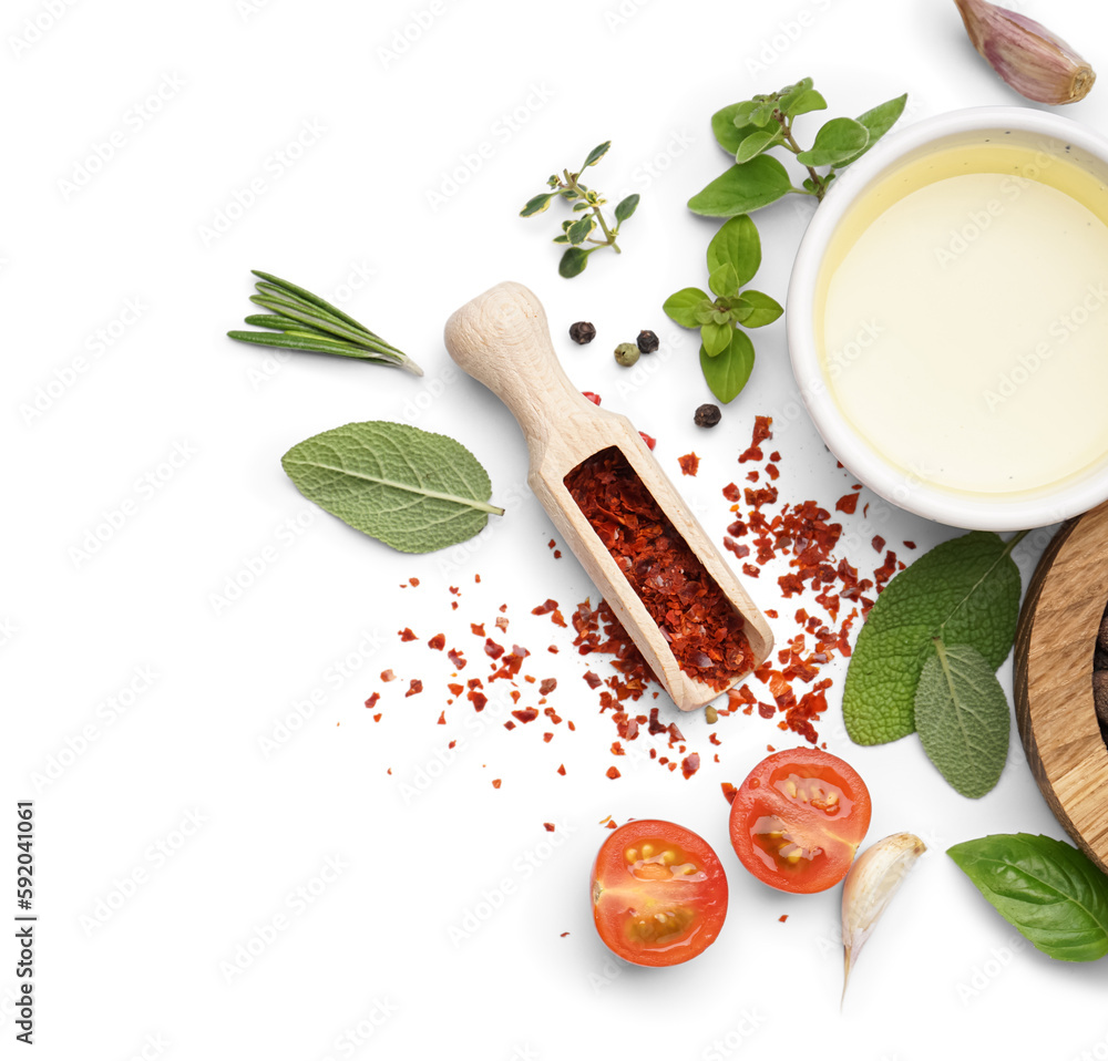 Composition with bowl of oil, herbs and spices on white background