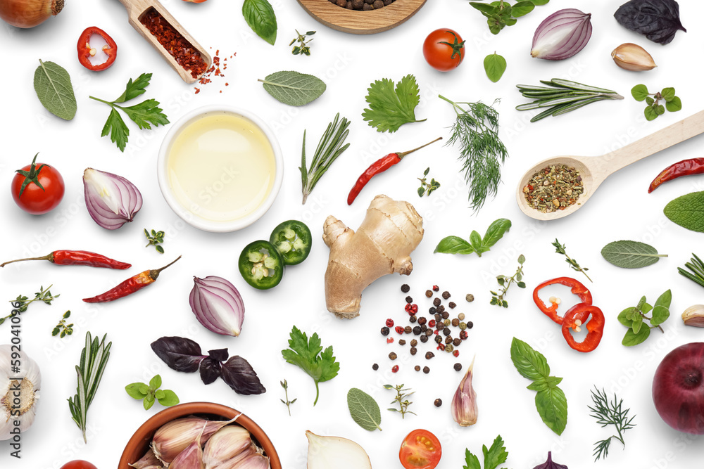Composition with different herbs, spices and bowl of oil on white background