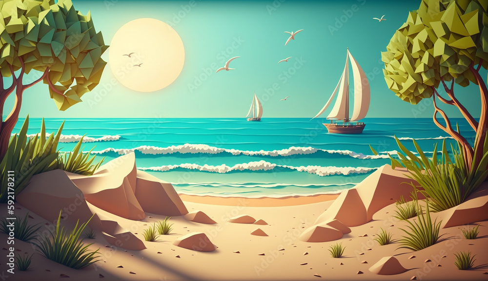 Sun-kissed Shore An Illustration of a Tranquil. Generative AI