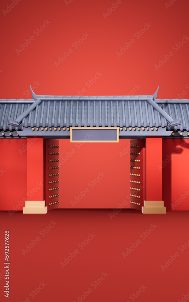 Chinese ancient door, traditional architecture, 3d rendering.