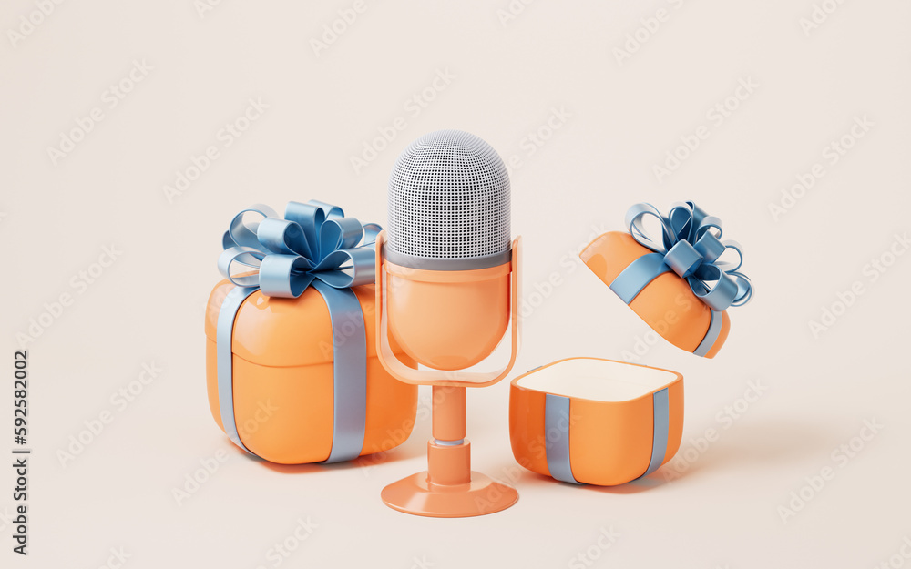 Microphone live streaming and gift boxes, 3d rendering.