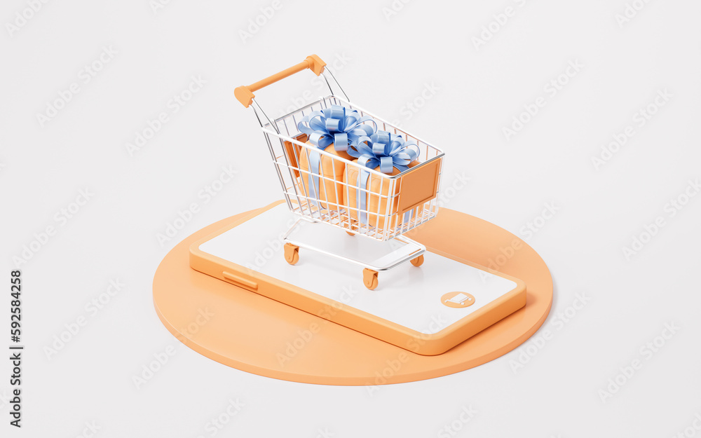 Shopping cart and gift boxes, 3d rendering.
