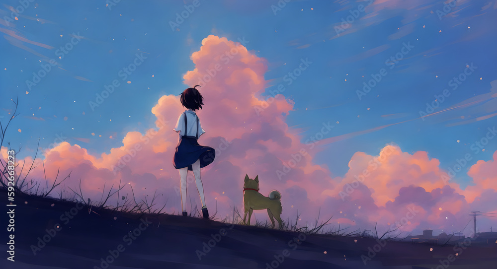 anime girl stand on the mountain with her dog beautiful clouds background, blue sky and sea, blue sk