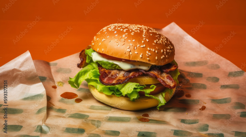 Burger on vivid background. Illustration AI Generative.