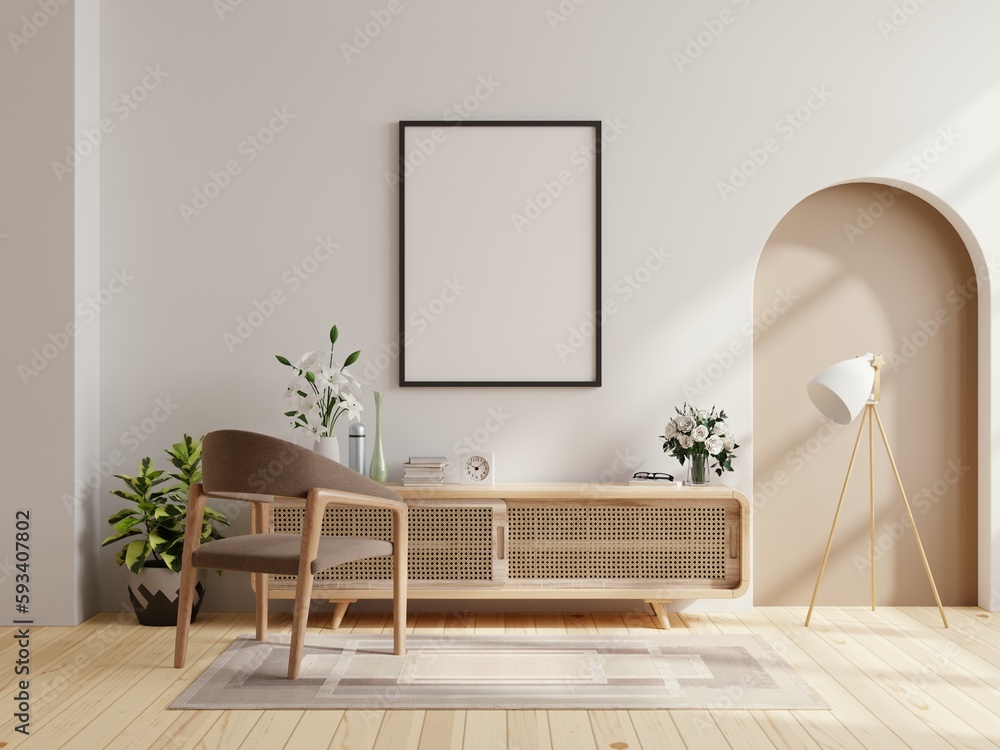 Mockup frame in living room interior with chair and decor,Scandinavian style.