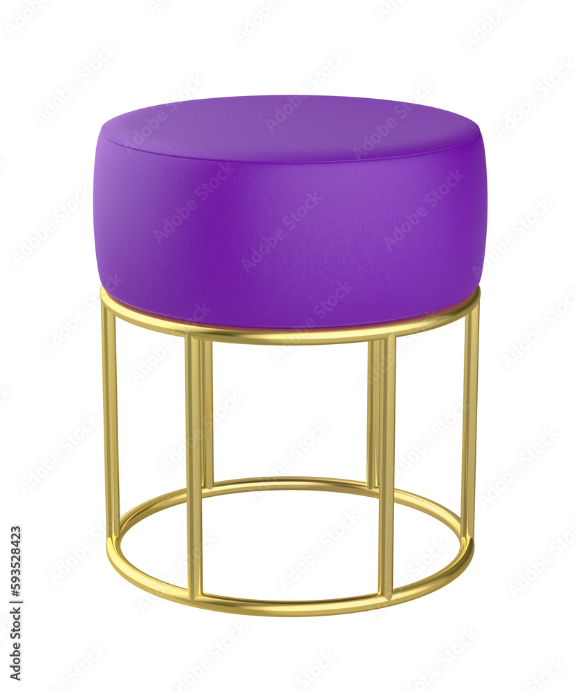 Purple leather stool with golden legs on transparent background