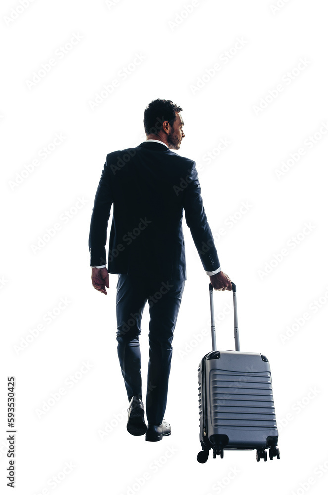 Rearview of a young business man going on a business trip with his suitcase on a transparent backgro