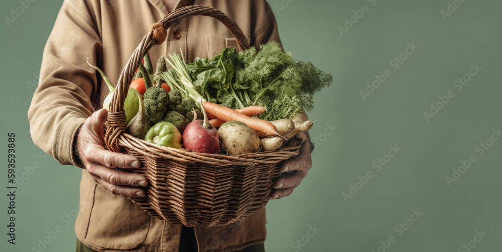 Agriculture and harvest. Farmer with basket full of vegetables on pastel green background with space