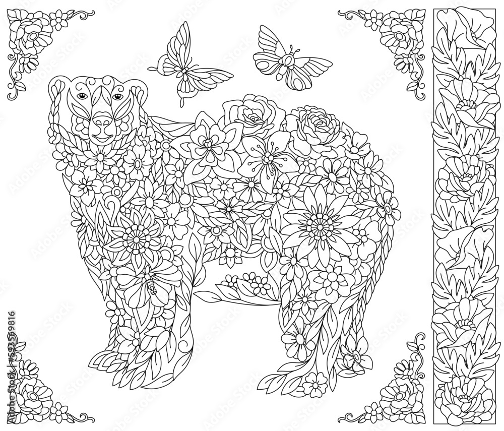 Floral polar bear. Adult coloring book page with fantasy animal and flower elements.