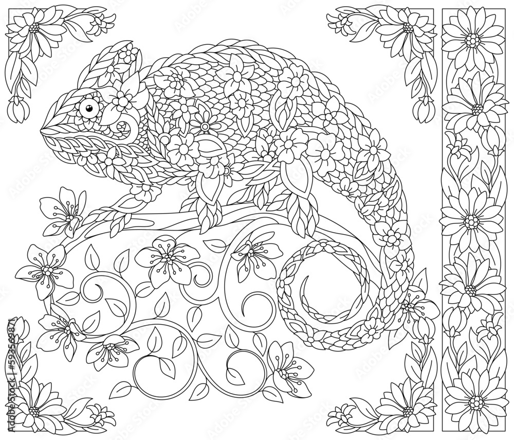 Floral chameleon lizard. Adult coloring book page with fantasy animal and flower elements.