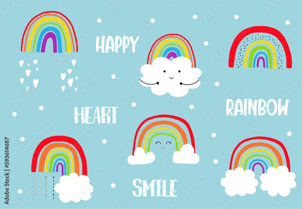 vivid rainbow set with cloud,snow illustration for sticker,postcard,birthday invitation.Editable ele