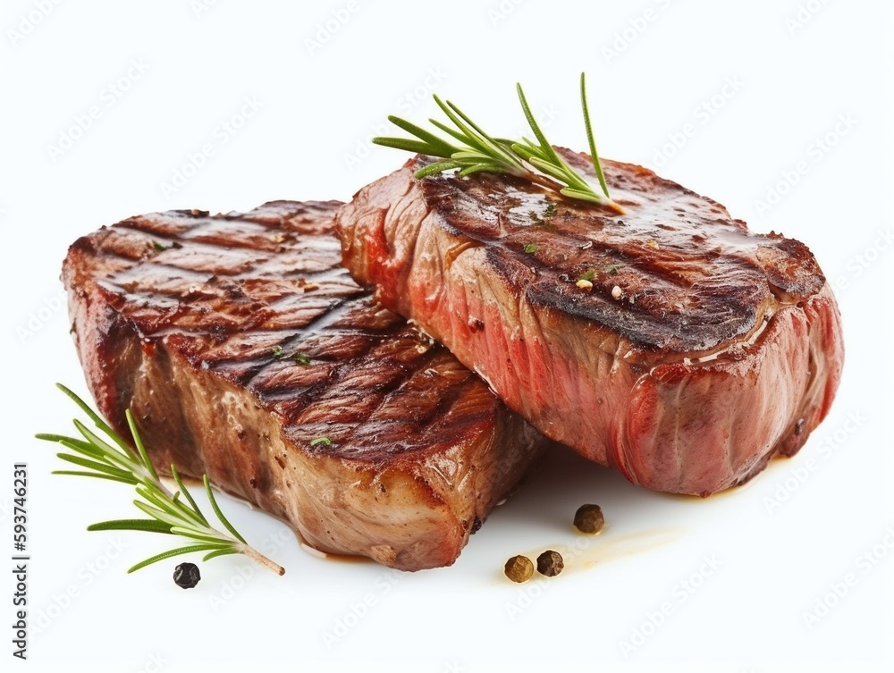 Grilled beef steak with rosemary and pepper on a white background