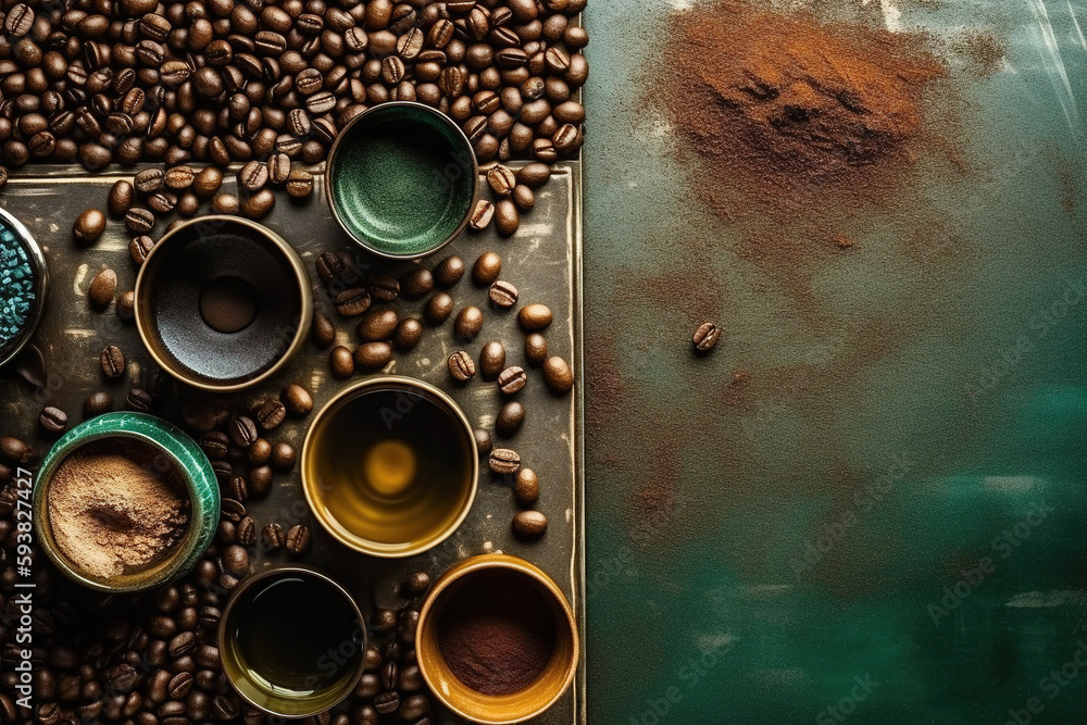 Coffee beans and ground flour on the background. Top view with text replication space