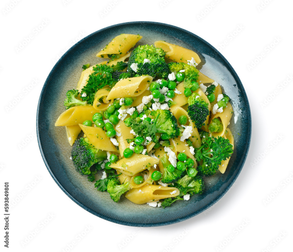 Plate with tasty penne pasta and broccoli on white background