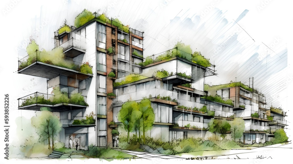 Sketch of a sustainable residential complex with green roofs, vertical gardens, and rainwater harves