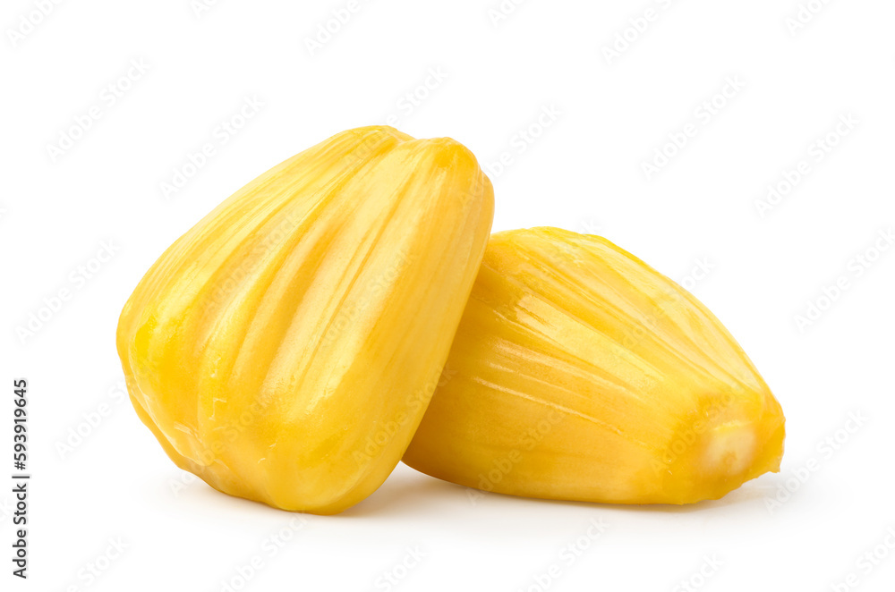 Close-up Jackfruit bulbs isolated on white background. Clipping path.
