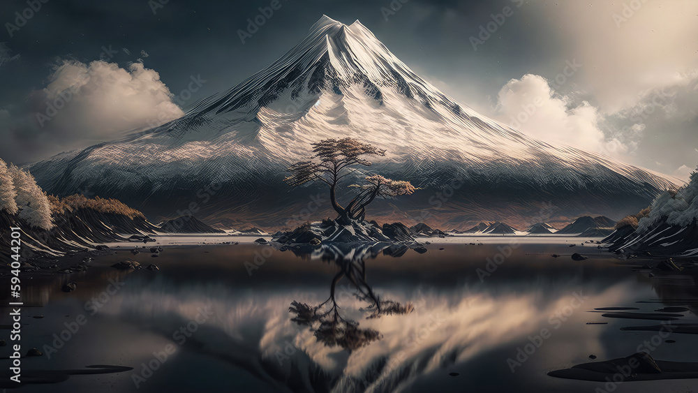 illustration painting of reflection of mt.Fuji. digital painting. (ai generated)