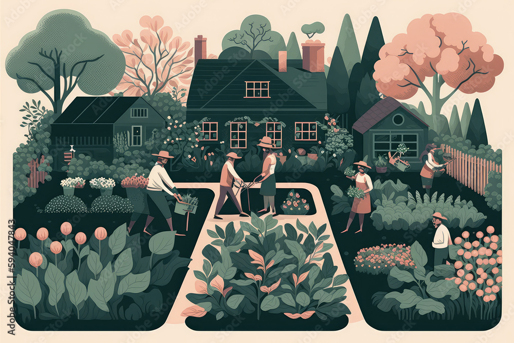 Garden and gardening. illustration of people working in the garden, beds, growing plants, greenhouse
