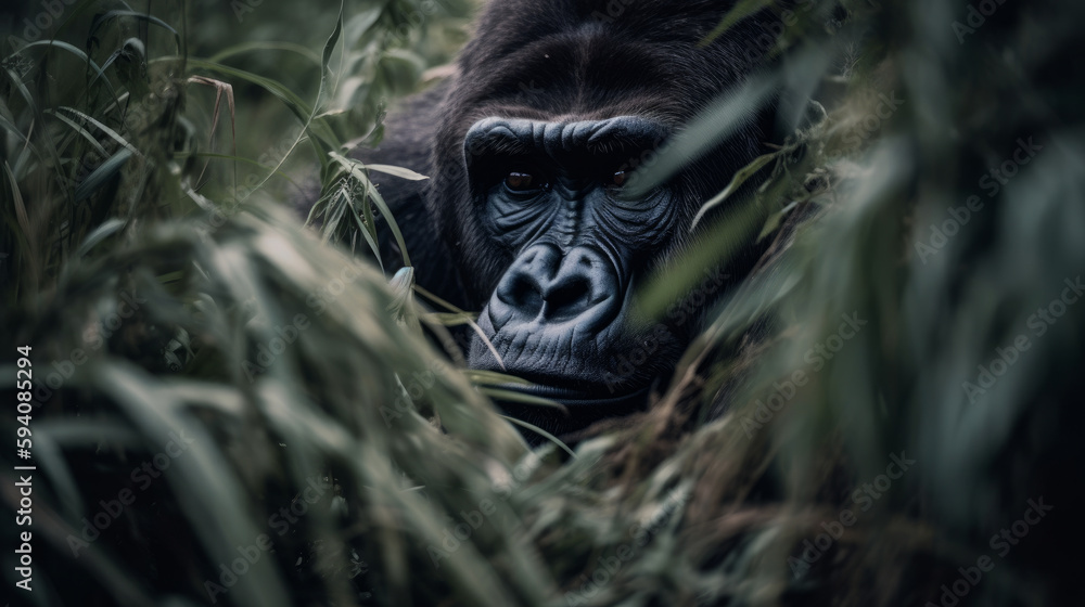 Giant gorilla hiding in the weeds  Illustration AI Generative.