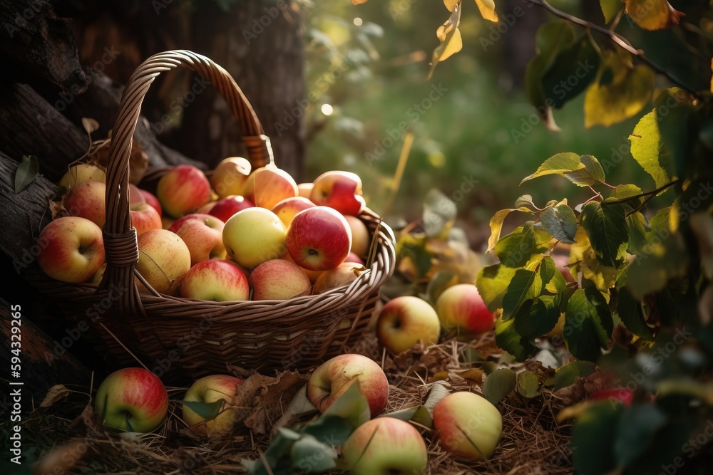  a basket full of apples sitting on the ground next to a pile of leaves and a fallen tree trunk in t