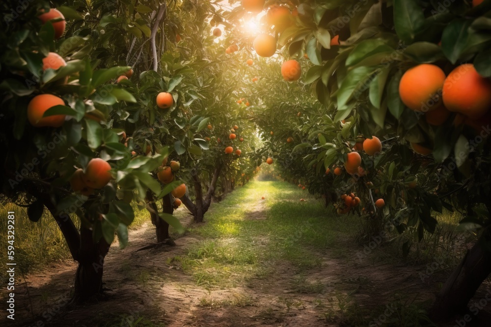  an orange grove with lots of oranges growing on the trees in the sunbeams of the sun shining throug