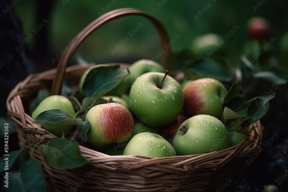  a basket filled with green apples sitting on top of a tree branch next to a tree branch with green 