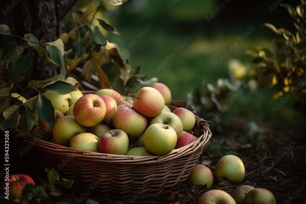  a basket full of apples sitting on the ground next to a bunch of leaves and a tree in a park area w