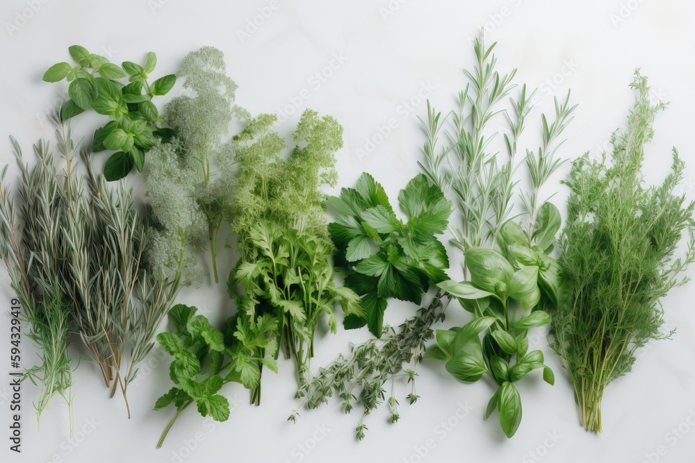  a group of different types of herbs on a white surface with green leaves and herbs in the middle of